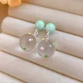 Mint green bead and colorful polka dot glass sphere drop earrings for women - Silver Earring Post-Green