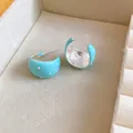 Sky blue C-shaped hoop earrings with white polka dots and silver needle posts - Blue & White (Silver Needle)