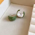 Deep green C-shaped hoop earrings with pink polka dots and silver needle post - Silver Pin-Green-Pink