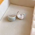 Creamy enamel C-shaped hoop earrings with royal blue polka dots and silver needle - Silver Earring Post - Grey