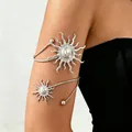 Adjustable silver sun-themed upper arm cuff with double wave-ray patterns for women - Radiant Sun Mirror Style (2456) / Silver