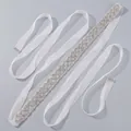 Hand-stitched crystal bridal belt with silver rhinestones and white organza ribbon ties - White