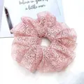 Delicate pink lace floral scrunchie hair tie with translucent mesh texture for women - Lace Style / Pink Lace