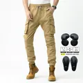 Khaki motorcycle cargo pants with stretch waist and detachable protective knee pads - XS / Khaki (114-2)