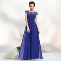 Elegantes königsblaues Abendkleid mit Spitze am Oberteil und plissierter Chiffon-Taille - S / Königsblau