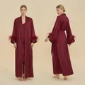 Elegant wine red satin robe set with luxury feather trim on sleeves for women - S / Burgundy
