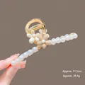 Alloy hair claw with pearls and flowers, 11.5cm length and 39.4g weight in cream and brown - K19 Double Flowers