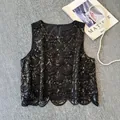 Elegantes ärmelloses schwarzes Paillettenoberteil mit Wellenmuster und Perlen für Partys - S / Schwarz