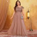 Vestido de noche talla grande en gasa rosa loto con detalles de lentejuelas - 0XL / Rosa Loto