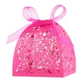 Detailed laser-cut floral patterns on a vibrant pink wedding favor box with ribbon - New Rose Red