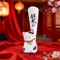 Cute white ceramic fortune cat desktop ornament with a long arm and lucky calligraphy - Money Come Cat (99909)