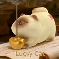 Lucky cat ceramic incense burner with golden ingot and red blessing character - Fortune Cat (1188-55) / 1 Piece