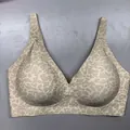 Women's deep V seamless wireless bra featuring a classic leopard print in beige and brown - Leopard Nude