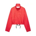Short red polka dot bomber jacket with stand collar and adjustable drawstring hem - Red Polka Dot Jacket