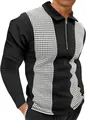 Men's long sleeve polo shirt featuring black and white houndstooth panels and 1/4 zipper - S / Tops / Black with Black and White Houndstooth Stitching Style (CXLLPS-150)