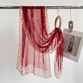 Red and white silk scarf featuring Chinese calligraphy and vintage floral borders - Ink Wash Dark Red