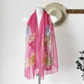 Long rose pink floral sun protection scarf with elegant semi-transparent lotus print - Ink Peony Rose Red