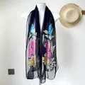 Long navy blue chiffon scarf with colorful floral print for beach sun protection - Ink Peony Navy Blue
