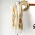 Long summer silk scarf with lotus print and floral pattern for sun protection beachwear - Ink Peony Light Yellow