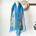 Long light blue lotus chiffon scarf with colorful floral print for summer beachwear - Ink Peony Blue