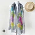 Dark grey lightweight chiffon scarf with colorful floral print for beach sun protection - Ink Peony Grey