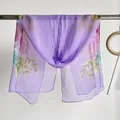Light purple lotus silk scarf for women with elegant floral print for summer beach sun protection - Ink Peony Purple