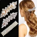 Three-piece gold hair clip set with marquise rhinestones and elegant faux pearls - Gold 3-Piece Style 35