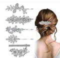 Silver crystal hair clip set with marquise stones and floral patterns on model - Silver 6-Piece Style 34