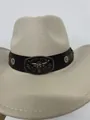 Classic cream felt cowboy hat with leather band featuring a bull head metal buckle - 56-58cm / Light Color Cowboy Hat with Vintage Metal Bull Head Buckle (AB314)