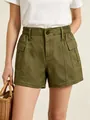 Pantalones cortos cargo para mujer verde militar de talle alto con grandes bolsillos - S / Verde