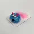 Blue plush mouse cat toy with pink feathers and size markings measuring 15cm - Blue and Pink Mop Mouse