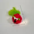 Pink chenille plush cat toy mouse with green feathers, dimensions 15cm by 5.5cm - Pink and Green Mop Mouse