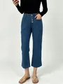Detailed view of high-waisted denim jeans featuring a four-button front closure design - S / Lake Blue