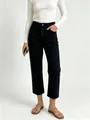 Women's black high-waisted wide-leg denim pants with button fly and cargo pockets - S / Black