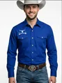 Bright blue long-sleeve western shirt with bull skull embroidery and snap pockets - S / Tops / Royal Blue Bull Head (A-141-37-Royal Blue)