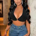 Sexy black halter neck crop top with a central metal ring and hollow out design - S / Black