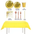 Golden disposable party tableware set with plates, cups, cutlery and tablecloth - New Golden 9-piece Set