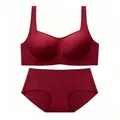 Seamless square neck lingerie set in dark red with wireless bra and high waist panties - Red