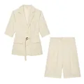 Chic beige pinstripe two-piece set with belted blazer and matching shorts - XS / Top And Bottom / White
