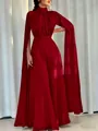 Detail of high neck pleated collar and flowing cape sleeves on red satin jumpsuit - S / Burgundy