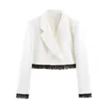 Cropped white blazer for women with exquisite black lace trim on cuffs and hem - White Top