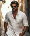 Camisa blanca de hombre ajustada en tejido elástico con textura de lino premium - S / Blanco