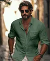 Men's four-way stretch slim fit long sleeve shirt in dark green linen texture - S / Green