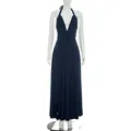 Elegante marineblauwe mouwloze halter maxi-jurk met V-hals en geplooide taille details - S / Donkerblauw