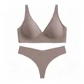 Seamless V-neck wireless bra and thong set in soft mauve fabric for women - Gray Purple