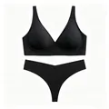 Ensemble lingerie sans couture noir avec soutien-gorge en V sans armature et string chic - S / Noir