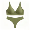 Olive green seamless lingerie set with soft wireless V-neck bra and matching thong - Green