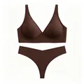 Ensemble soutien-gorge sans couture col en V profond et string en marron foncé - S / Marron
