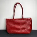 Handcrafted red leather woven tote bag featuring a vintage large capacity French style design - Large / Burgundy