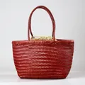 Handwoven leather tote bag in deep burgundy with a textured weave and drawstring liner - Small / Burgundy